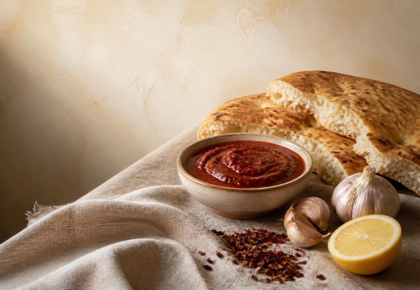 A bowl of UU sauce with flatbread, garlic, chili flakes and lemon